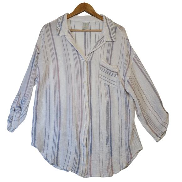 Kana Sol White Blue Stripes Cover Up Button Down Shirt Size Large - Picture 1 of 9